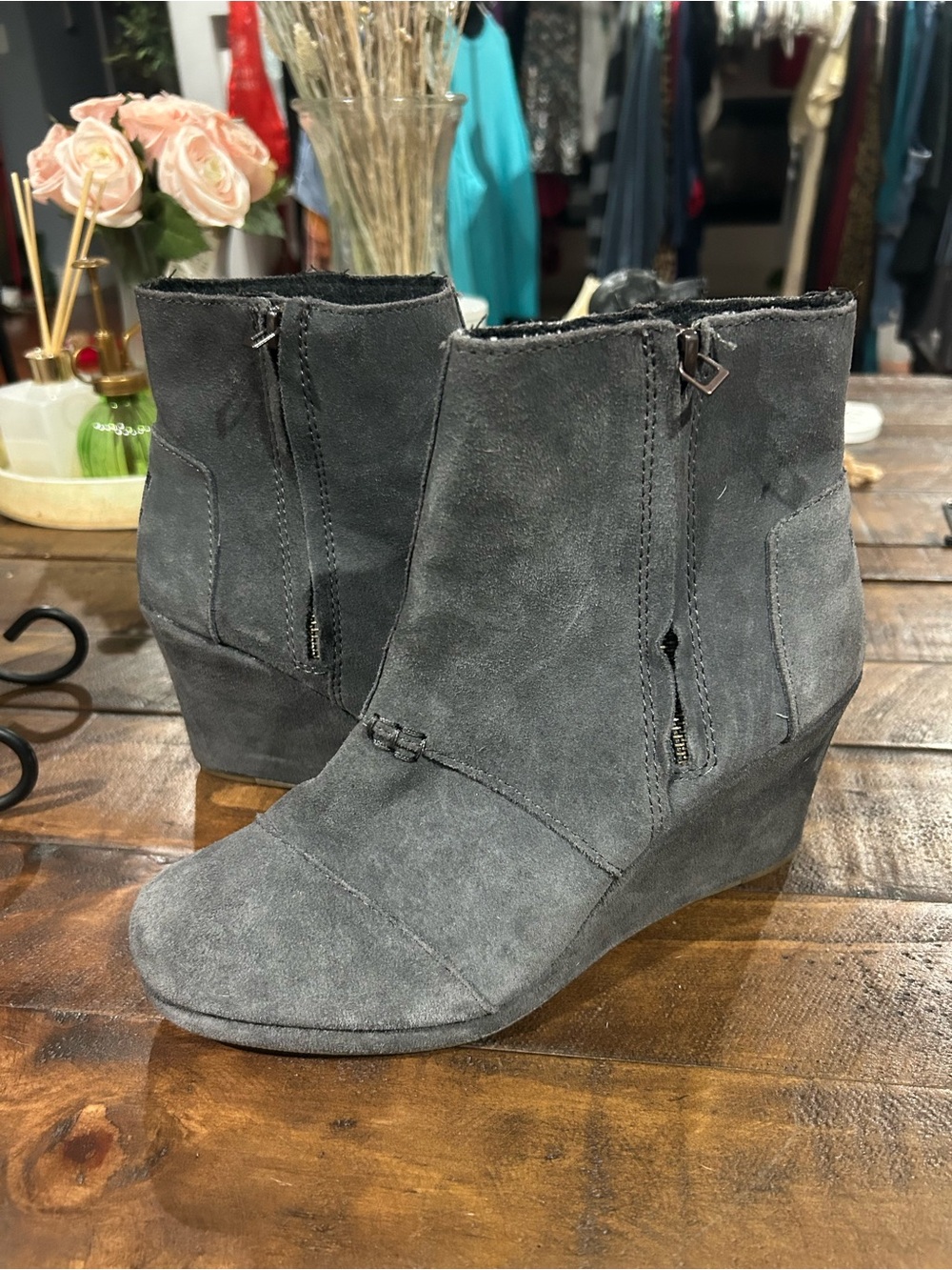 Toms Gray Suede Wedge Ankle Booties